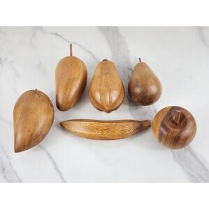 Mid Century Wood Fruit Artificial Food Banana Apple Pear Mango Hand Carved x6